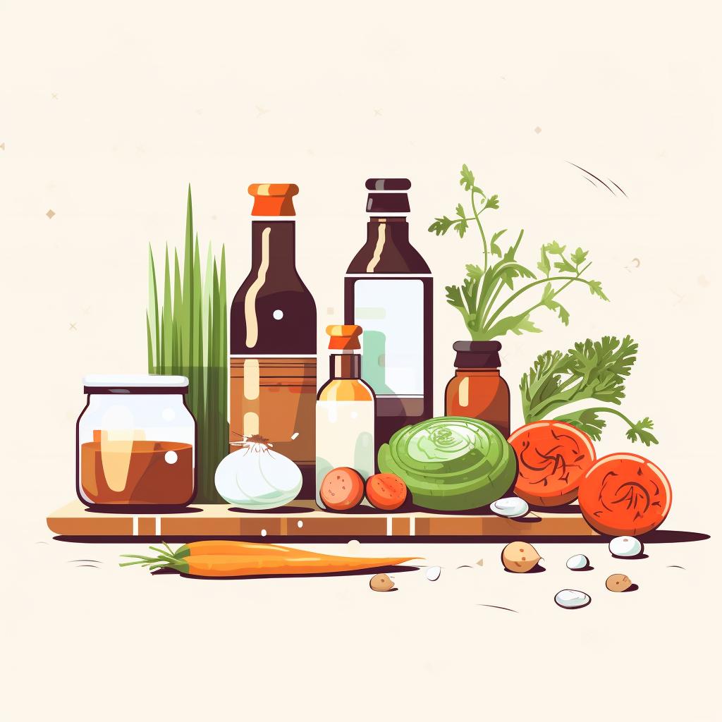 Assortment of fresh vegetables, vinegar, salt, sugar, and spices on a kitchen counter.